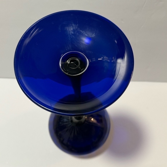 Vintage MCM Cobalt Blue Stretch Tall Pedestal Hand Blown Bowl with Scalloped Rim - Picture 6 of 7